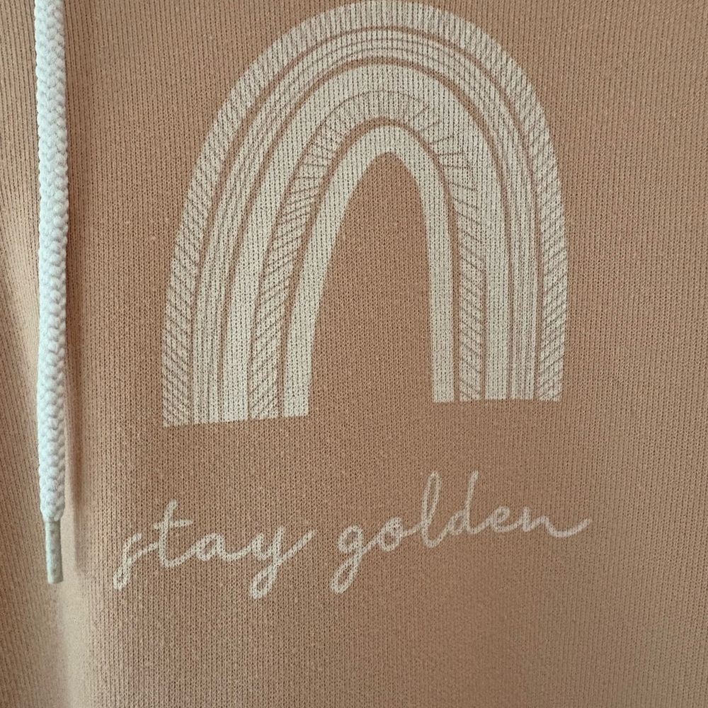 Bella Canvas Peach hoodie with White 'Stay Golden' Rainbow Graphic